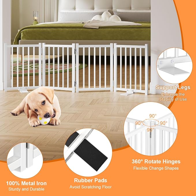 Snughome Short Dog Gate Indoor, 16" High Freestanding Small Dog Door Gates with Support Feet, Expands Up to 48’’ Wide Foldable Pet Gate for Doorway, 4 Panel Folding Pet Door Pet Fence for Puppy, White