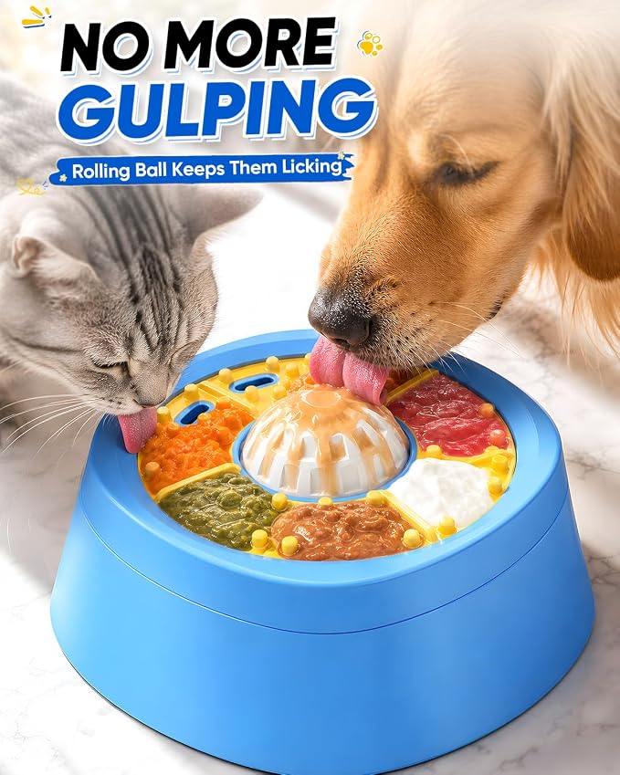 Interactive Slow Feeder Dog Bowl for Dogs & Cats: 2-in-1 Liquid Treat Enrichment Feeder with Rolling Lick Ball, Anti-Slip Suction Base for Yogurt, Bone Broth, Wet Food & Frozen Treats