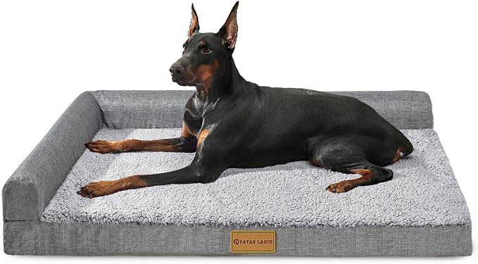 Patas Lague Orthopedic XL Dog Bed Large Sized Dog 48''X30'', Waterproof L Bolster Big Large Pet Sofa Beds with Removable Washable Cover, Soft Pet Couch Crate Mat with Nonskid Bottom, Grey