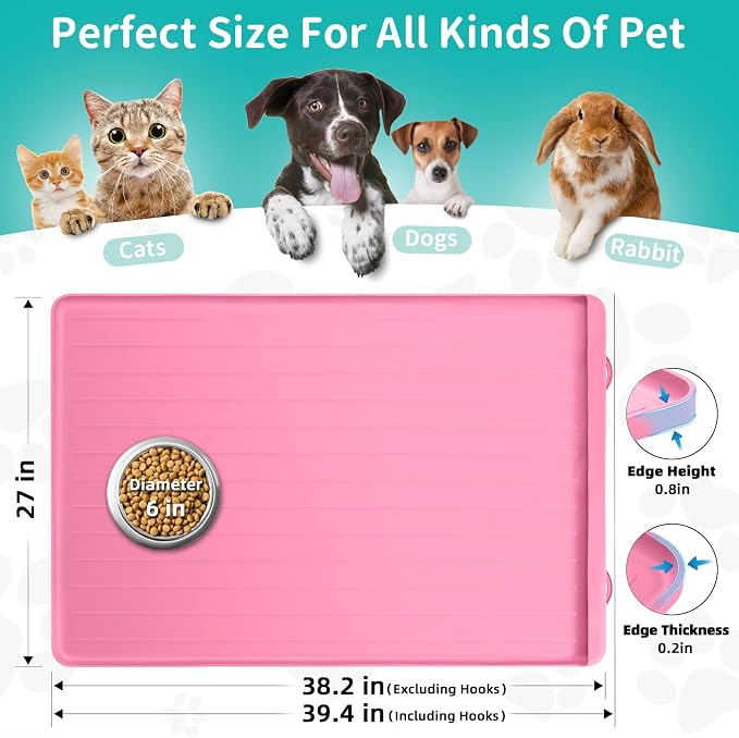 Dog Mat for Food and Water - 39.4" x 27" Large Pet Feeding Mats with Residue Collection Pocket - Waterproof Dog Cat Bowl Mat with High Edges to Prevent Water and Food Spills (Pink, 39.4''x27'')