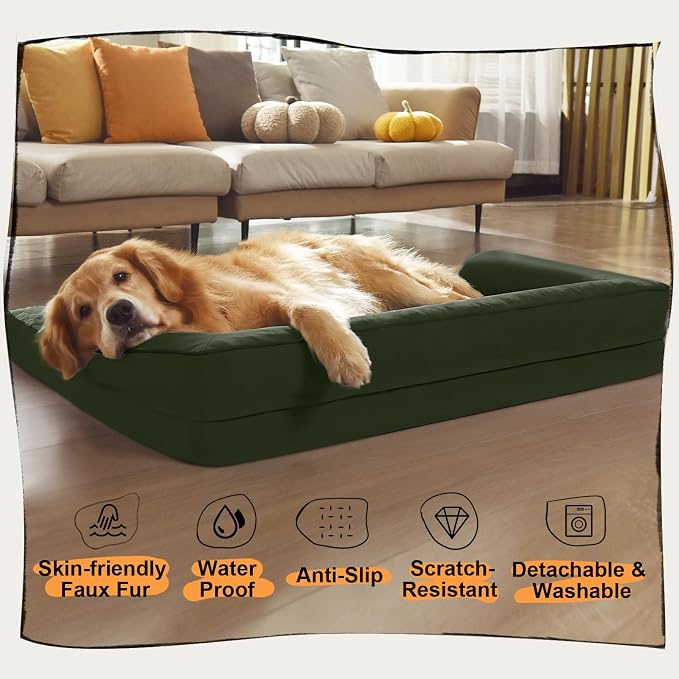 Large Dog Bed Orthopedic Washable - XXL Large Big Dogs - Waterproof with Removable Cover - Memory Foam - Beds Bolster Pet - Dogs Couch Sofa Bed - Outpost Olive Dog Beds
