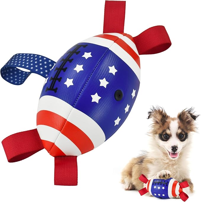 4th of July Dog Football with Straps Puppy Interactive Toy Pet Tug Ball Toy with American Flag Pattern for Medium Large Dogs Medium-2
