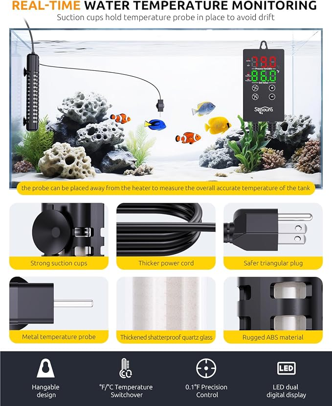 SEAOURA Aquarium Heater, 100W Fish Tank Heater for 15-25 Gallon, Submersible Turtle Heater with Digital Display Adjustable Safety Protection, Auto Power-Off When Leaving Water