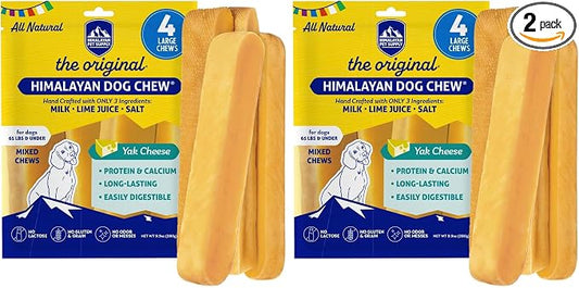 Himalayan Dog Chew Original Yak Cheese Dog Chews,100% Natural,Long Lasting,Gluten Free,Healthy&Safe Canine Treats,Lactose &Grain Free,Protein Rich,Mixed Sizes, Dogs 65 Lbs & Smaller 4Count(Pack of 2)