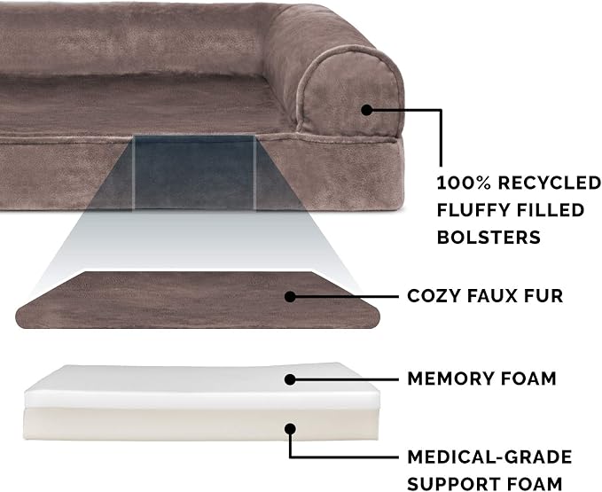 Furhaven Memory Foam Dog Bed for Medium/Small Dogs w/ Removable Bolsters & Washable Cover, For Dogs Up to 35 lbs - Faux Fur & Velvet Sofa - Driftwood Brown, Medium