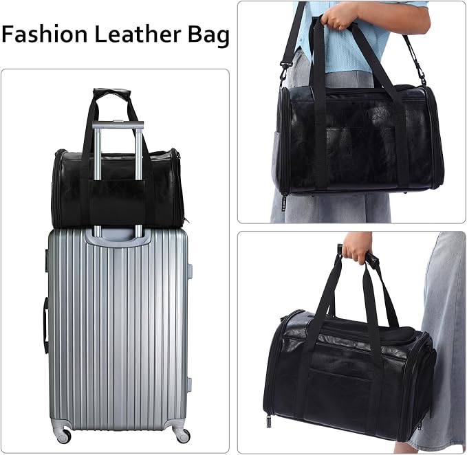 Lasaviin Fashion Leather Dog Carrier Cat Carrier Airline Approved Pet Carrier for Small Medium Dogs Cats Under 15Lbs, Collapsible Soft Sided Travel Puppy Carrier