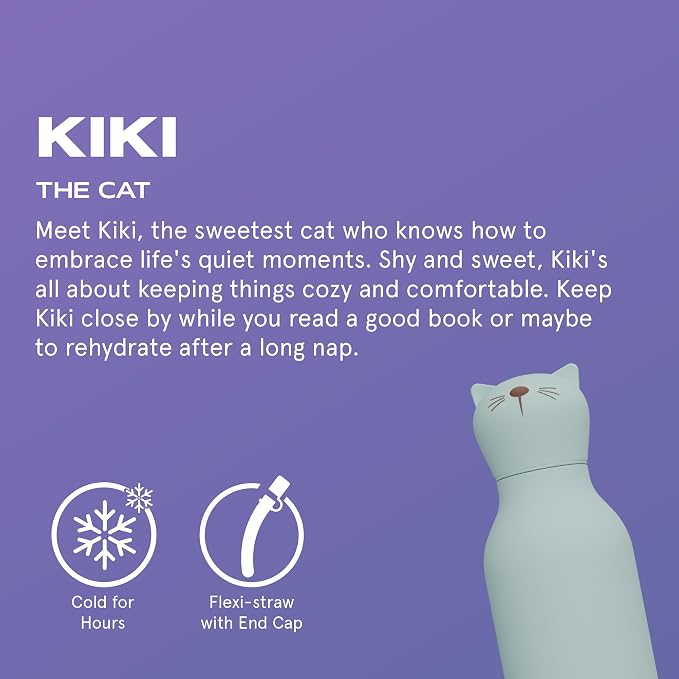 asobu Bestie Bottle Insulated Stainless Steel Water Bottle with Detachable Soft Animal Head Fun Drinking For Kids and Teens with Flexible Reusable Straw 16 Ounce (Cat)