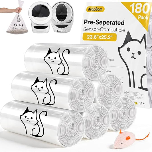 180 Pack Cat Litter Box Robot 5/4/3 Waste Bags,Transparent, Self Cleaning Litter Box Liners Bags for Most Automatic Cat Litter Boxes，Pre-Separated, Heavy Duty, 9-11 Gallon Capacity