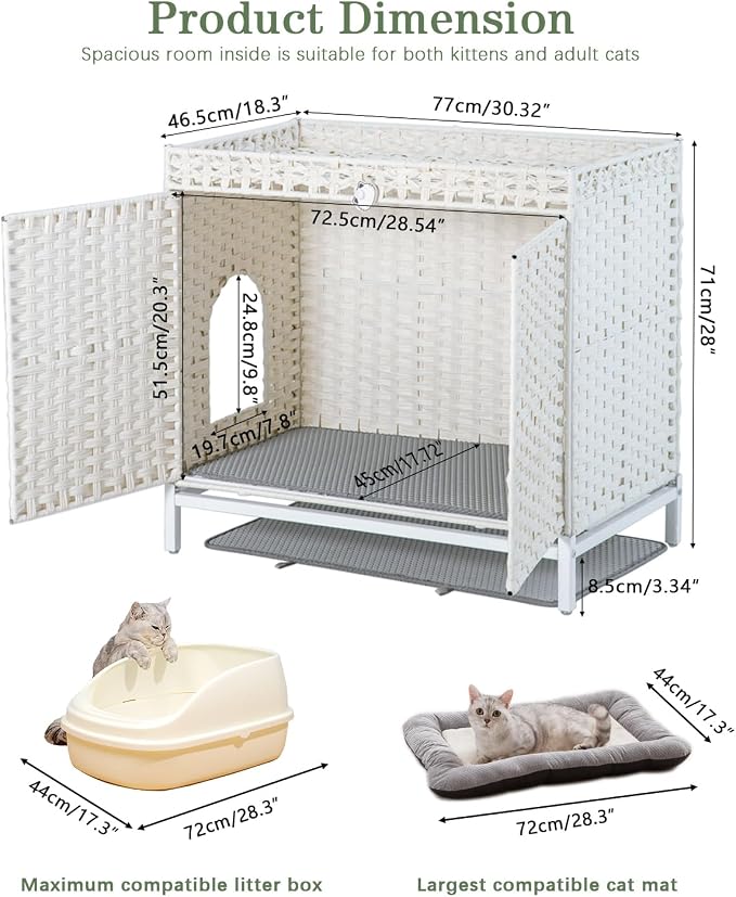 SETVSON Cat Litter Box Enclosure Furniture, Hidden Handwoven Rattan Litter Box with Mat, Large Cat House with Metal Heightened Feet, 30.3 x 18.3 x 28 Inches, Indoor for Living Room, Bedroom White