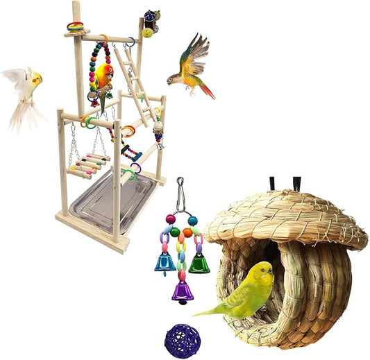 Hamiledyi Natural Wood Bird Playground - Large 3-Tier Perch Stand and Birds Nest Straw