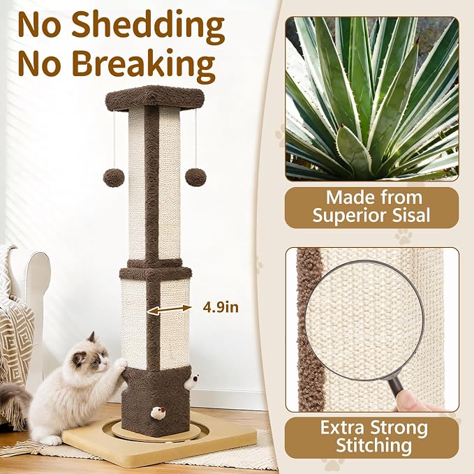 Tall Cat Scratching Post for Large Cats Kittens, 33" Indoor Sisal Vertical Pole Heavy Duty Square Structure with 4 Interactive Mouse Holes and Track Ball Base, Shields Furniture from Scratches