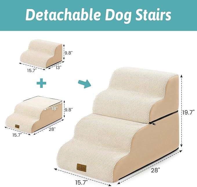 COZY KISS Detachable Dog Stairs for Small Dog, 4 Step Curved Dogs Step for Puppy or Older Cat, Ramp for Bed, Sofa, Couch or Chair, Ladder with High Density Foam, 15.7x28.3x19.7 inch, Beige