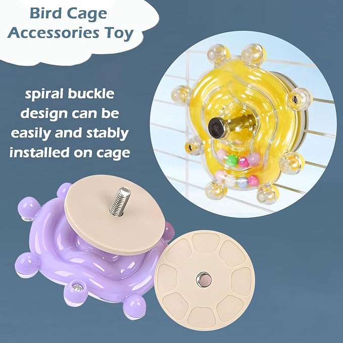 Bird Perch Toy with Mirror for Cage, Wooden Interactive Rocking Exercise Wheel, Spinner Rattle Chewing Enrichment Toy, Cage Accessories for Parakeet Cockatiel Conure (1pc, Random Color)