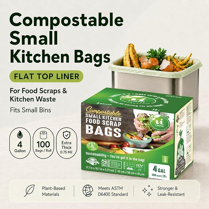 UNNI Compostable Trash Bags, 4 Gallon / 15 Liter, 200 Count, Extra Thick 0.75 mil Small Kitchen Food Scrap Bin Liners, BPI, CMA & OK compost HOME Certified (Meets ASTM D6400)