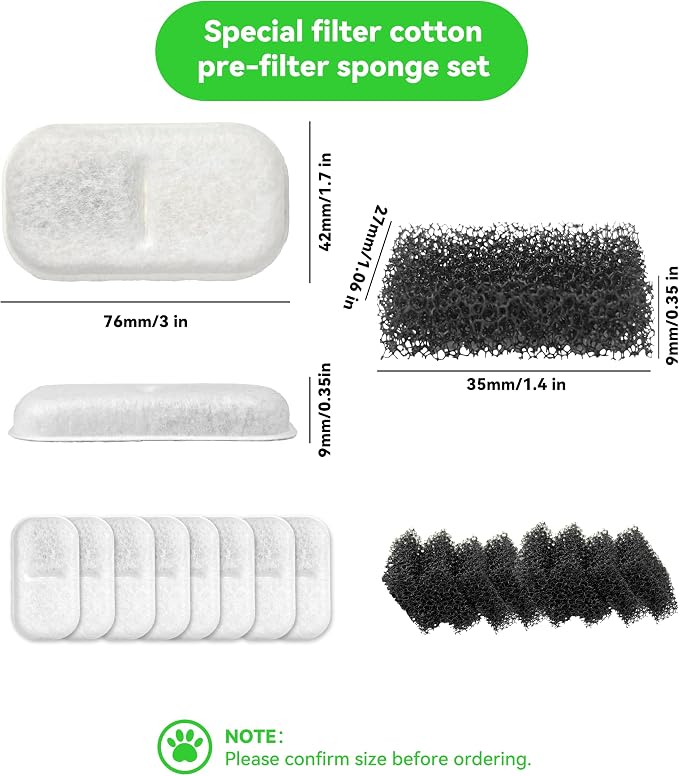 Cat Water Fountain Filter Replacement: 8 Carbon Filters & 8 Foam Sponges Kitty Spout Pump Filters for 108Oz/3.2L & 67Oz/2L Stainless Steel Pet Water Dispenser Cat Dog