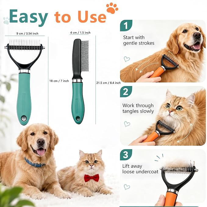 Dog Brush and Cat Deshedding Rake, Pet Grooming Tool for Shedding with Rounded Stainless Steel Teeth, Comfortable Grip for Long or Thick Coats (Green with Comb)