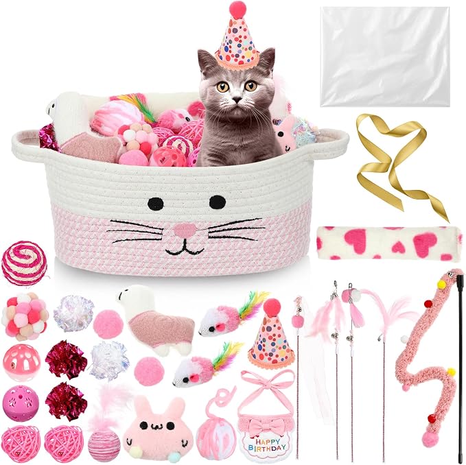 Zopeal 38 Pcs Graduation Cat Toy Set Interactive Cat Toys Pack Including Cats Gift Basket Feather Teaser Wand Plush Gift Outfit Mice Crinkle Balls and Pet Bell Balls, Puzzle for Indoor(Pink)