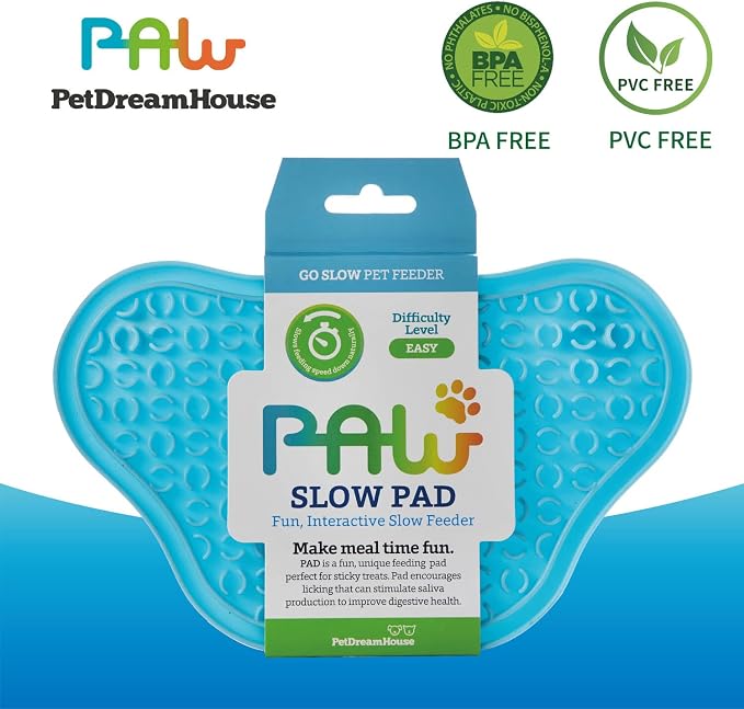PetDreamHouse Lick Paw Pad & Slow Feeder for Dogs, Anti-Boredom, Distraction Mat, Reduces Anxiety w/Stress-Relief Stimulating Licking, Suction Cups on Back, Ideal for Puppies, Dogs & Cats, Blue