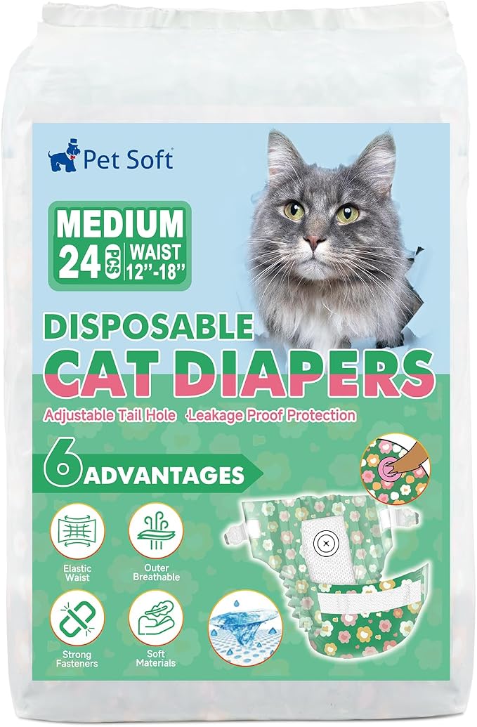 Pet Soft Disposable Cat Diapers - Diaper for Female & Male Cats, Puppy Doggie Diapers for Female Dogs with Adjustable Foam Tail Hole, Medium (24Pcs, GN Flowers)