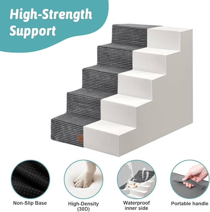 COZY KISS Dog Stairs for Small Dogs 5-Step, 19.7" Extra Wide Right-Angle Pet Stairs for Couch and Beds, Anti-Slip Dog Steps for Old Cats and Lowrider, 19.7x29.5x23.6 inch, Dark Grey