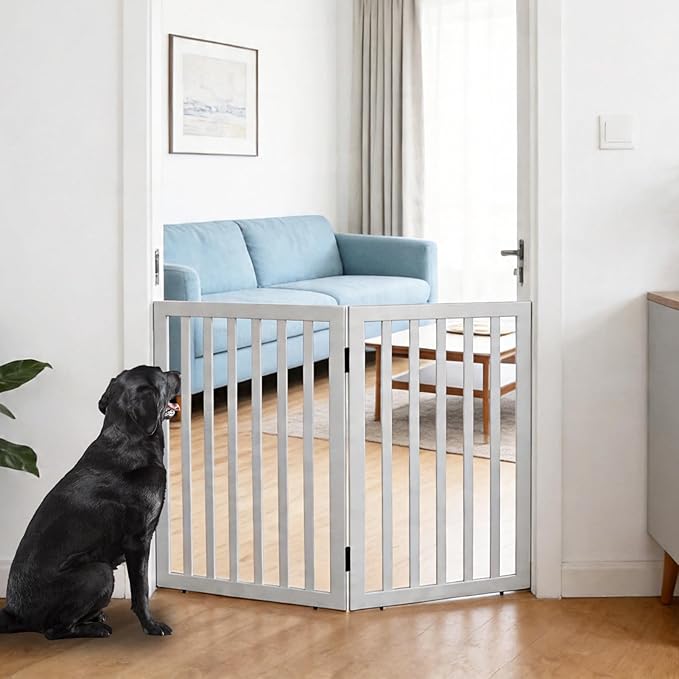 Dog Gate Indoor, Freestanding Dog Fence for The House, Doorways, Hallways,or Stairs,Pet Gate Foldable Wooden,Expandable 32" Height 2 Panels,White