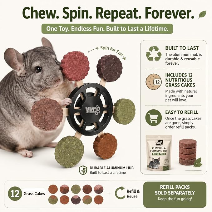 YKD Chinchilla Chew Toys, Rotating Spinner Guinea Pig Toys + 12 Pcs Timothy Hay Rabbit Chew for Teeth Grind & Digestion, Rust-Proof Aluminum Toy, for Rabbit, Bunny, Chinchilla, Hamster Dental Health