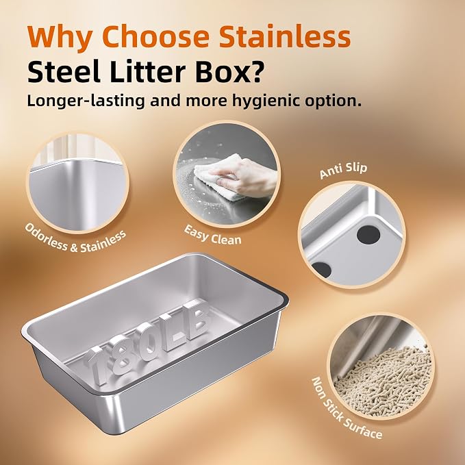 Mlzao 20L Stainless Steel Cat Litter Box with Lid, XL Enclosed Metal Litter Box with Hinged Flip-Top, Leakproof High Sides for Odor Control, Top/Front Dual Entry for Large Cats 24" × 15" × 16" - Grey
