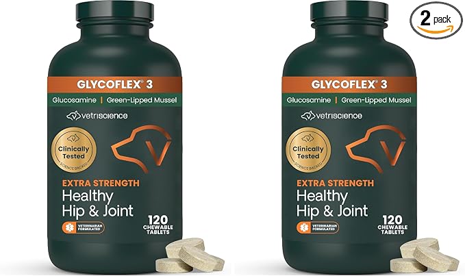 VetriScience Extra Strength Healthy Hip & Joint Chewable Tablets,GlycoFlex Glucosamine and Green-Lipped Mussel JointSupport Supplement for Dogs,Soothe-JointDiscomfort,Chicken,120 Count (Pack of 2)