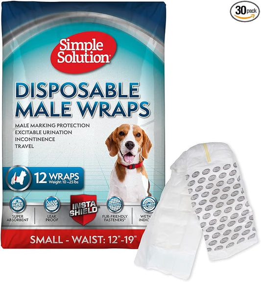 Simple Solution Disposable Dog Wraps, Male Dog Diapers, Puppy Potty Training, Incontinence and Travel Protection, Wraps for Small Dogs, 12-19 Inch Waist, 30 Count