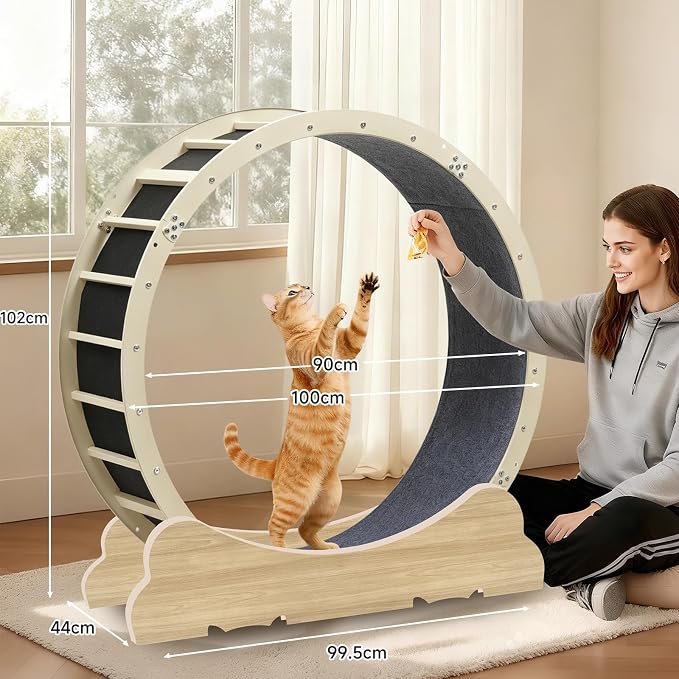 GTPLAYER Cat Wheels, Large Cat Exercise Wheel for Indoor Cats, 40" Diameter cat Treadmill Detachable Carpet & Teaser, Stickers, Ultra-Quiet Scroll Wheel with Latch, Metal, Woodgrain Ears-2 Style