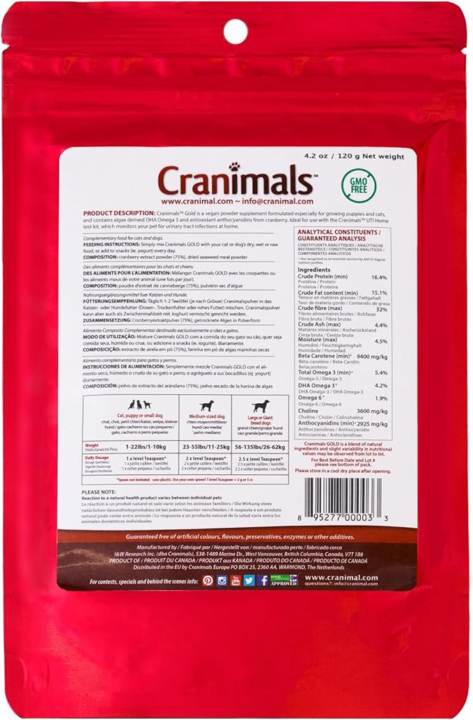 Cranimals Gold Cranberry Powder for Cats - Vegan DHA Omega 3, Urinary Health Support - Two Pure Ingredients, No Additives - Replace Fish Oil with Cranberry Antioxidants, for recurrent UTIs, 4.2 Oz