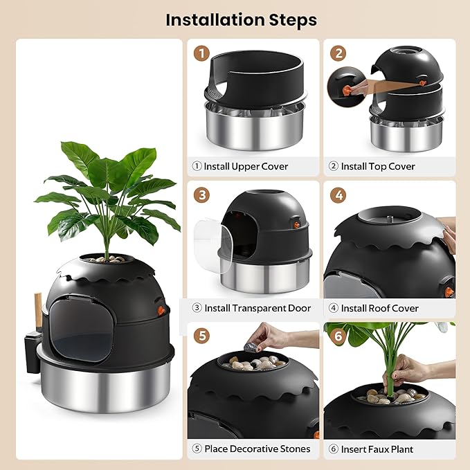 Hidden Litter Box, Stainless Steel Litter Box with Faux Plant Decor, Litter Box Enclosure with Clear Front Door, Includes Scoop & Litter Mat, Odor Control, Easy to Clean (Black)