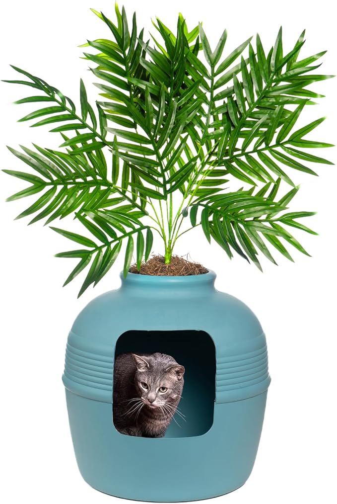Good Pet Stuff Original Hidden Litter Box Planter, Decorative Cat Litter Enclosure, Carbon Filter, Faux Plant, Round Design, Easy to Clean, Base Kit, Palm Plant, Coastal Blue