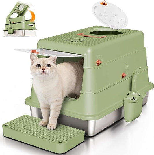 Stainless Steel Cat Litter Box with Lid, Enclosed Extra Large Metal Litter Pan for Big Cats, Full Flip Cover High Sided LitterBox Include Scoop, Easy Cleaning, Non-Stick, Green