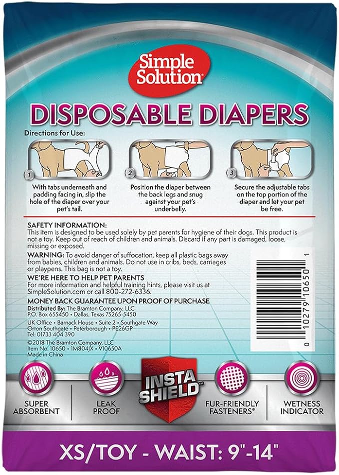 Simple Solution Disposable Dog Diapers for Female Dogs, Leak Proof Diaper for Dogs, Potty Training, XS Puppy Training, Incontinence, Diaper for Peeing, For Small Pets, 9-14 Inch Waist, (XS, 12 Count)