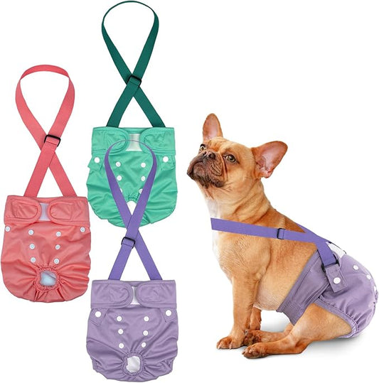 Pet Soft Dog Diapers Female with Suspenders, 3 Pack Reusable Female Dog Diapers for Heat, Dog Period Panties for Doggie in Cycle(Small, Pinkycolor)