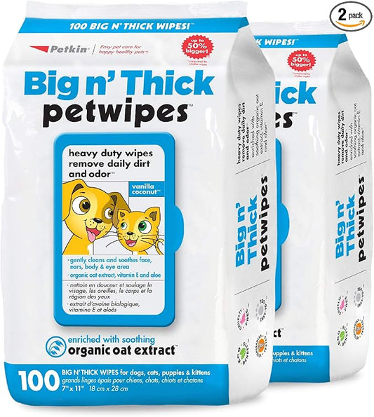 Petkin Large Pet Wipes for Dogs and Cats, 200 Count, Organic Oat Extract, Moistened with Gentle Cleaning Formula, Ideal for Home or Travel
