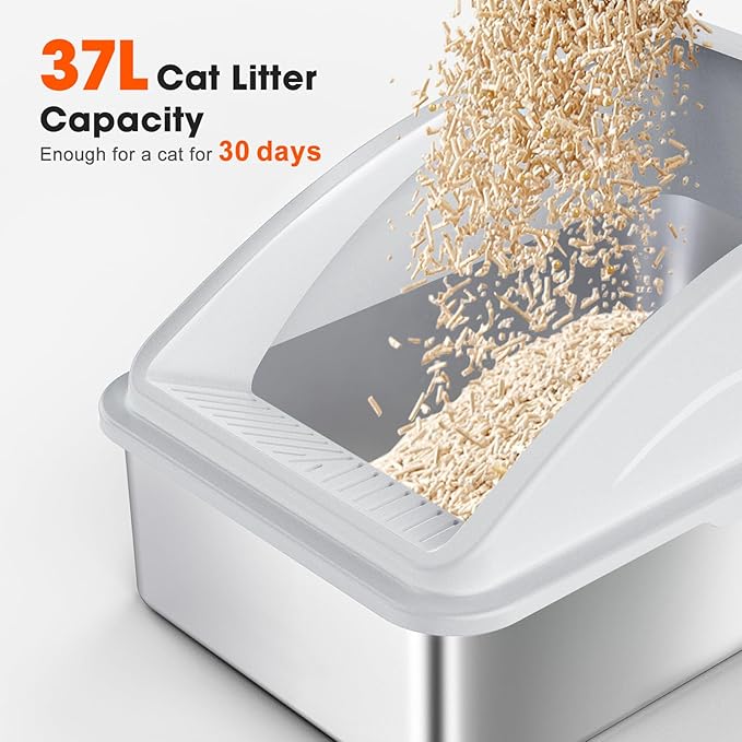 2 Pack Stainless Steel Litter Box | XL Enclosed Cat Litter Boxes with Lid for Big Cats and Multi-Cats | High Sided, Anti-Urine Leakage | Non-Stick Bottom（Ivory White）