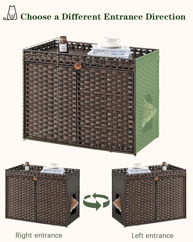SETVSON Cat Litter Box Enclosure Furniture, Handwoven Rattan Hidden Litter Box with Mat, Large Space Cat House with 2 S-Shaped Hooks, 30.3 x 18.3 x 24.4 Inches, Indoor for Living Room Apartment Brown