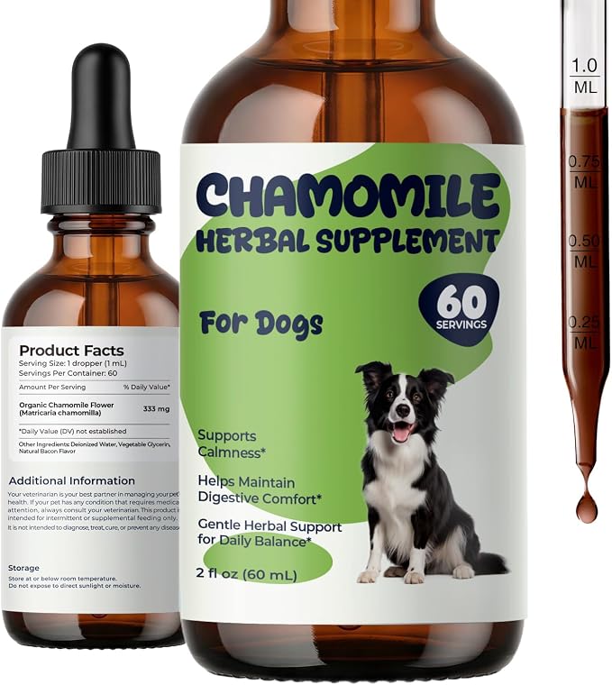 Chamomile for Dogs, Calming Drops for Dogs with Chamomile Extract, Supports Relaxed Behavior, Digestive Comfort & Daily Balance, Liquid Dog Supplement for Storms, Travel & Separation Stress, 2 fl oz