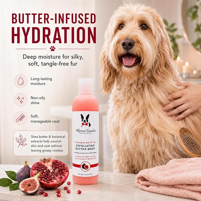 Warren London Exfoliating Butter Wash Dog Shampoo – Pomegranate & Fig, 8 oz | Cleansing, Conditioning & Exfoliating Shampoo with Jojoba Beads for Dry Skin, Soft Coat & Shine | Made in USA