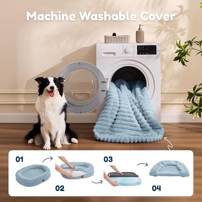 ChiXnuggle Orthopedic Dog Bed for Large Dogs, Waterproof Faux Rabbit Fur Dog Couch with Egg Crate Foam Support and Washable Removable Cover, Bolster Pet Sofa with Non-Slip Bottom, 35x28x7, Light Blue