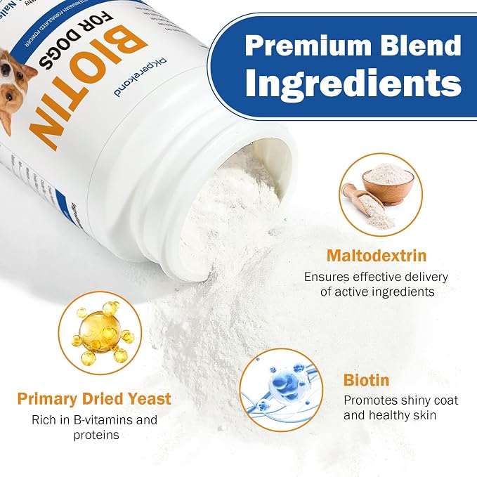 Biotin for Dogs, Supports Shiny Coat and Healthy Skin, Strengthens Dog Nails, Biotin Powder Supplement for Dog Shedding, Dry Skin Relief for Dogs, 6 oz, Original Flavor