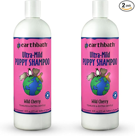 earthbath, Ultra-Mild Wild Cherry Puppy Shampoo - Extra Gentle & Tearless Dog Shampoo, Made in USA, Deodorizing Dog Wash, Cruelty Free Puppy Supplies, Shampoo for Smelly Dogs - 16 Oz (2 Pack)