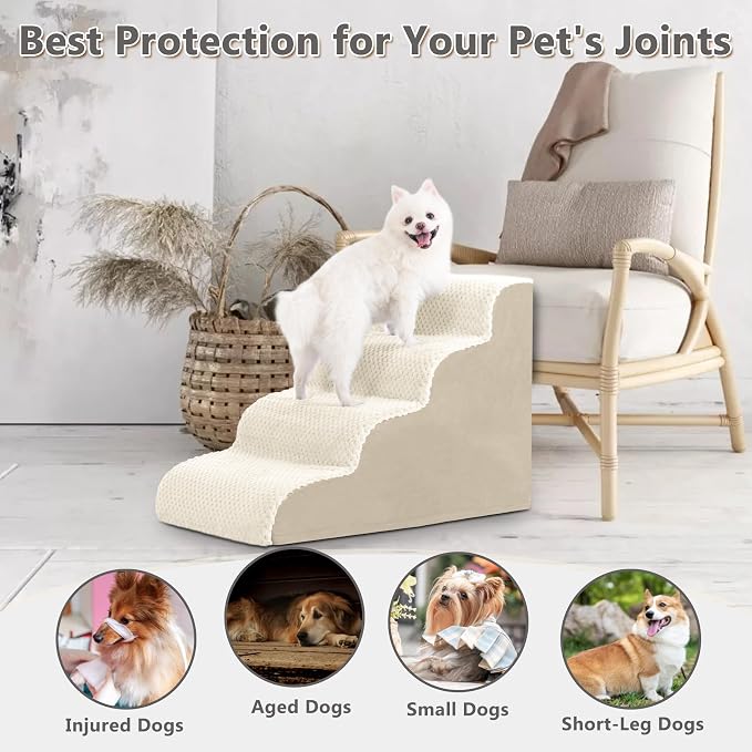Dog Stairs Ramp, Curved 4-Step Dog Steps for Small Dogs and Cats, Pet Stairs for High Beds and Couch with Anti-Slip Washable Cover and Durable High Density Foam, Beige