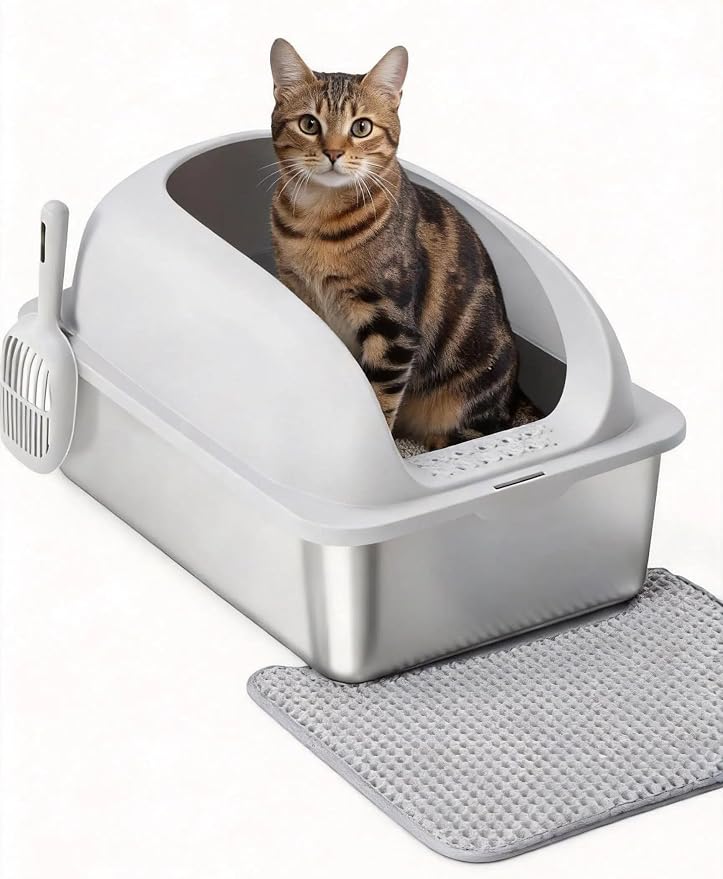 Simple Deluxe XL Stainless Steel Cat Litter Box with Lid, 24" x 16" x 12" High Sided Metal Litter Pan for Large Cats, Urine-Proof Non-Stick, Light Gray