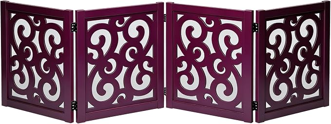 Ashfield & Harkness: 4-Panel Pet Gate - Scroll Mahogany - Wooden Foldable Freestanding Dog Fence, 80 x 23.5, Doorway-Halls-Stairs, 360 Rotated Hinges