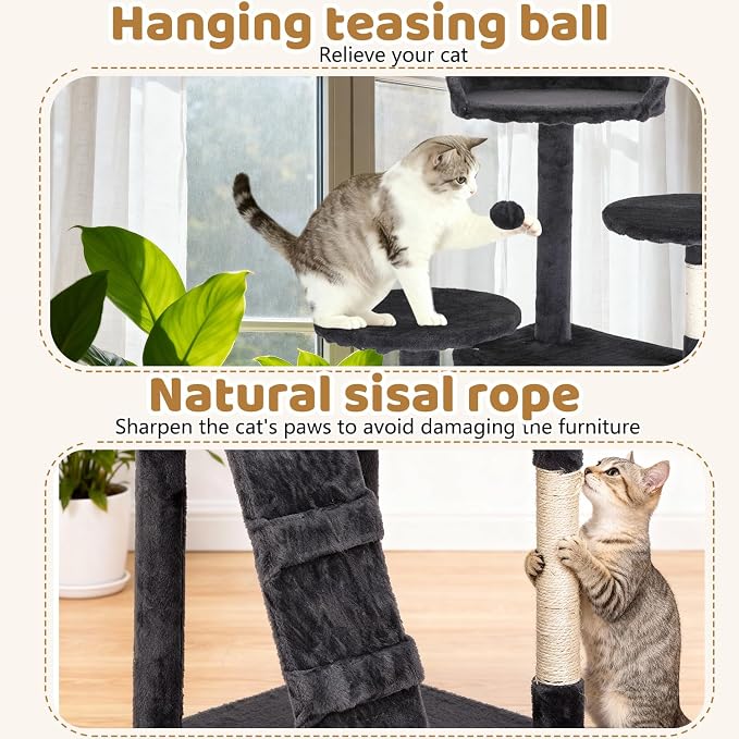 BestOffice 54 Inch Cat Tree, Multi-Level Cat Tower with Condo, Perches, Sisal Scratching Posts, Climbing Ladder,Indoor Activity Center Play House for Kittens & Adult Cats, Dark Gray