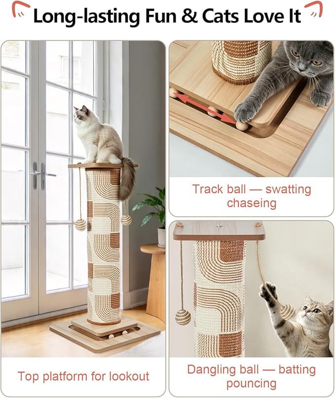 31" Extra Tall Cat Scratching Post, Natural Sisal Cat Scratcher for Indoor Cats Adults & Large Cats, Sturdy Wood Cat Tree Tower with Interactive Ball Track & Top Perch, Modern Design for Home Decor
