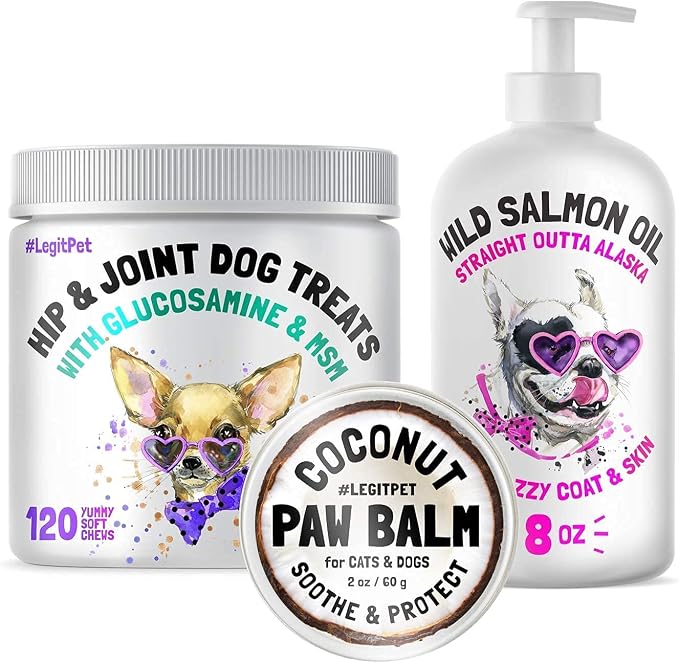 LEGITPET Hemp Hip & Joint Supplement for Dogs 120 Soft Chews and Wild Alaskan Salmon Oil for Dogs & Cats 8 oz and Paw Balm Wax Soother & Moisturizer Cream with Natural Food-Grade Coconut Oil Bundle